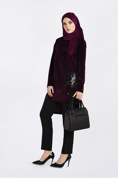 TRENDTESETTÜR Women's Plum Sequined Velvet Tunic 2850