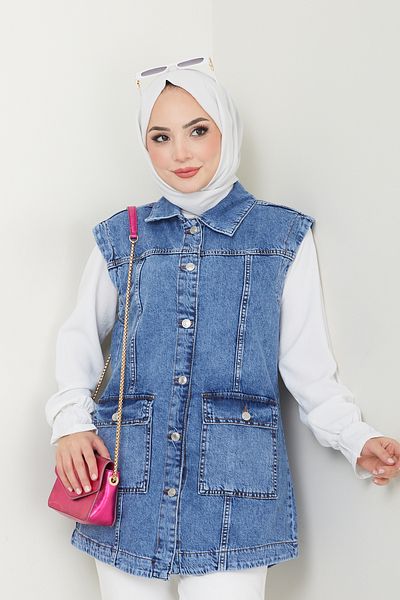 Pamuk Butik Women's Blue Denim Pocket Denim Vest