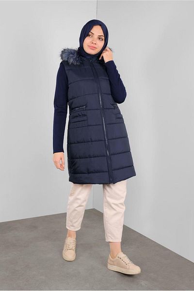 TRENDTESETTÜR Women's Navy Blue Hooded Puffer Vest with Pocket Detail 90146