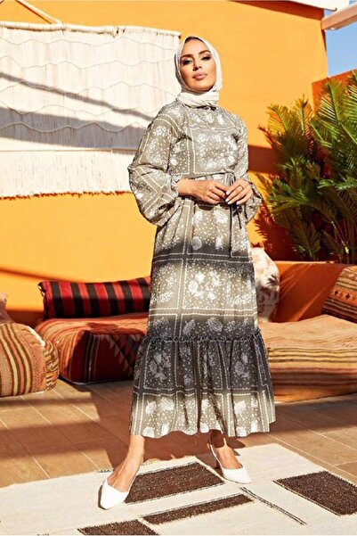 TRENDTESETTÜR Women's Khaki Belted Round Neck Floral Patterned Dress640000