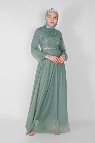 TRENDTESETTÜR KADIN YEŞİL (MİNT) TAŞ BASKILI TÜLLÜ ABİYE ELBİSE 72110