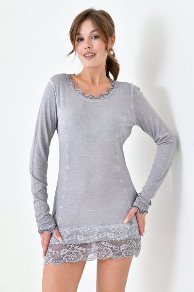 MAMAYAGA Women's Viscose Lace Detailed Long Sleeve Curve Sports Stylish Blouse Tunic
