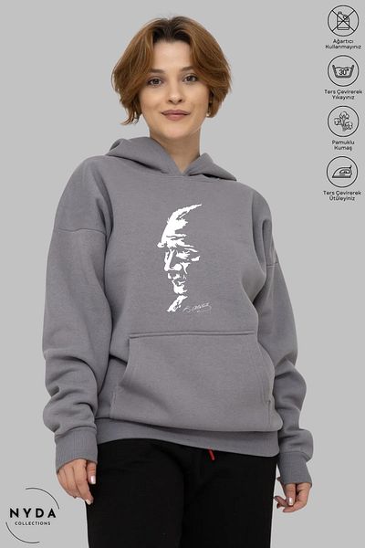 Nyda Collections Βαμβακερό φούτερ με στάμπα Ataturk Silhouette Unisex Oversize με κουκούλα