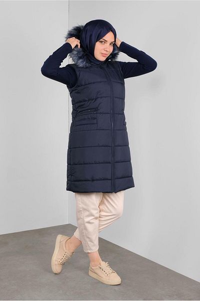 TRENDTESETTÜR Women's Navy Blue Hooded Puffer Vest with Pocket Detail 90146