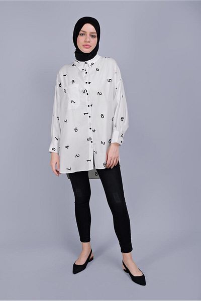 TRENDTESETTÜR Women's Ecru Number Printed Buttoned Tunic 50112