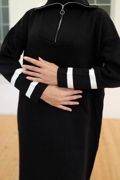Bold Grup Women's Half Zippered Neckline Sleeve and Hemline Striped Knitwear Maxi Sweater Dress