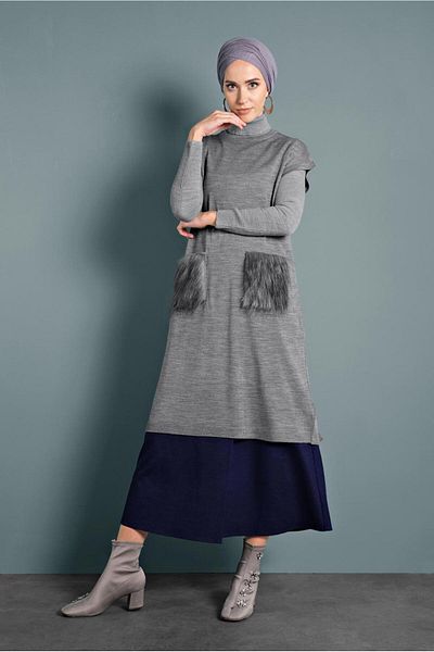 Alvina Feathered Knitting Tunic with Pockets 40021