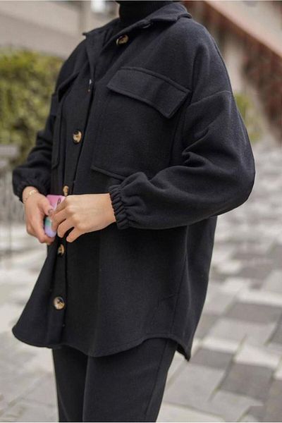 TRENDTESETTÜR Women's Black Cuffs Elastic Pocket Detailed Double Pants. Team 55601
