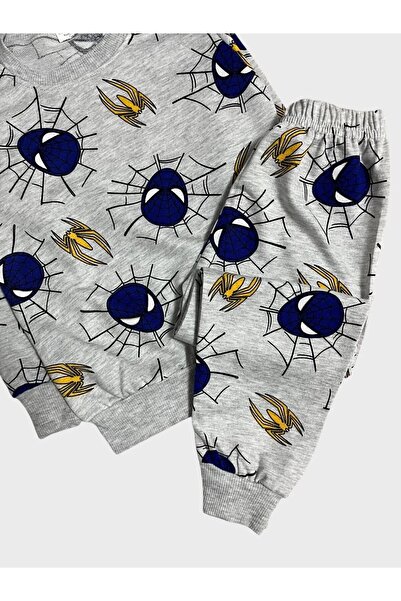 TOFU KİDS Boy's Cotton Gray Blue Spiderman Patterned Long Sleeve Seasonal Pajamas Set