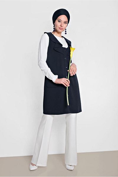 TRENDTESETTÜR WOMEN'S NAVY BLUE COLLAR FLUFFY VEST T 4184