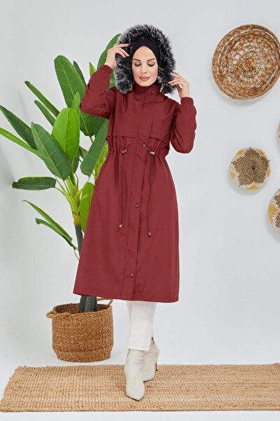 TRENDTESETTÜR KADIN BORDO BELİ BÜZGÜLÜ KAPÜŞON DETAYLI KABAN 0180
