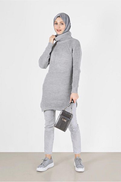 TRENDTESETTÜR Women's Gray Turtleneck Knitwear Tunic 7412