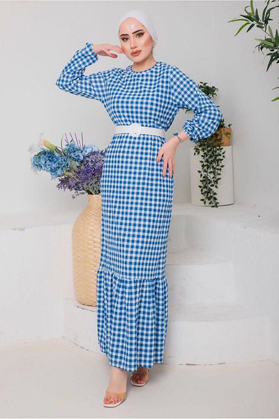 TRENDTESETTÜR Γυναικείο μπλε φόρεμα Gingham με ζώνη 6922