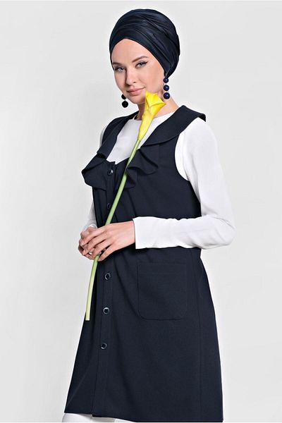 TRENDTESETTÜR WOMEN'S NAVY BLUE COLLAR FLUFFY VEST T 4184