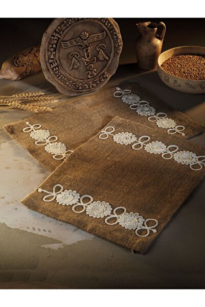 Luvilavant Antik Dönem Çiçek Nakışlı Naturel Renkli Jüt Servis Peçete 2 Adet
