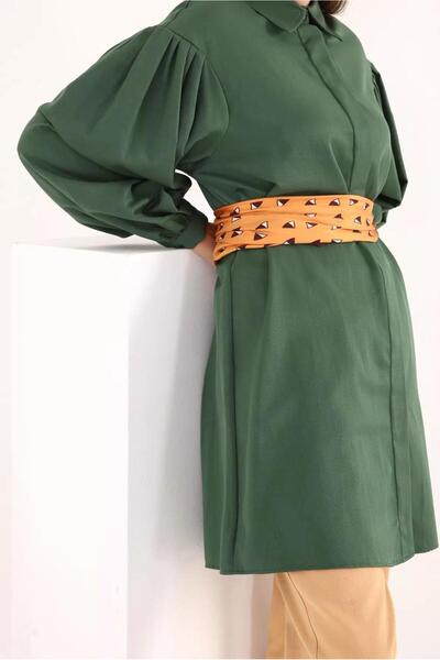 TRENDTESETTÜR Women's Green (ZEMRUT) Hidden Button Balloon Sleeve Tunic 66015