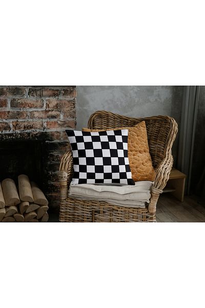 CİMENS 4-Piece Digital Printed Gift Sofa Set - Black and White Checked