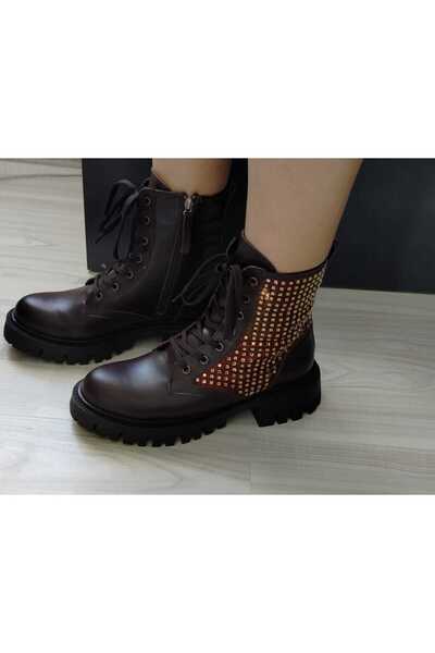 Zera yanları taş ışılı kahverengi hakiki deri kadın bot