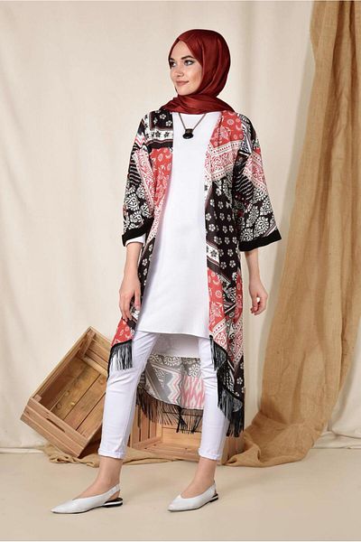 TRENDTESETTÜR كيمونو نسائي منقوش باللون الأحمر 4936
