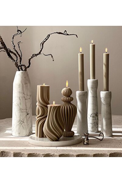 SCA CANDLE Şamdanlık Mum Çizgili Mum Ikili Kahve Renk Mum Dekoratif Mum