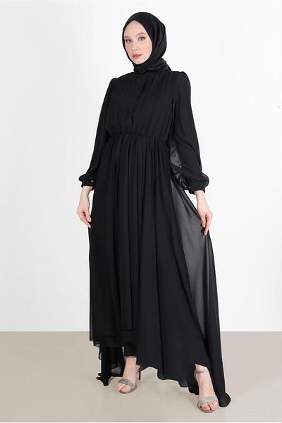 TRENDTESETTÜR Γυναικείο βραδινό φόρεμα με μαύρη πιέτα με πτυχωτή μέση 65015