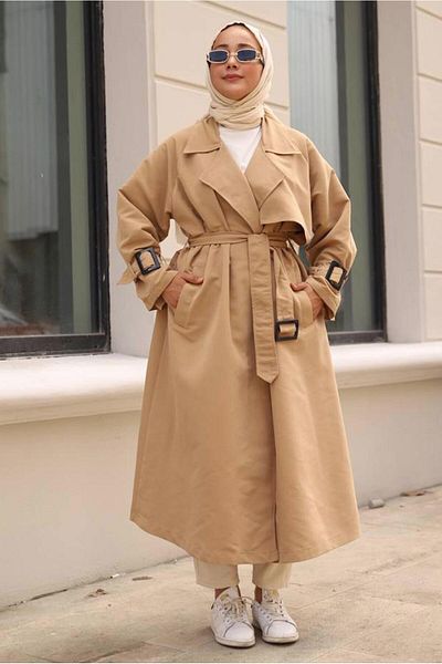 TRENDTESETTÜR Γυναικεία καφέ (CAMEL) μανσέτες με αγκράφα Λεπτομερής κλασική καμπαρντίνα 70080