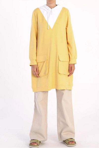 TRENDTESETTÜR Women's Yellow Pocket Detailed Hooded 2-coloured Tunic 50125