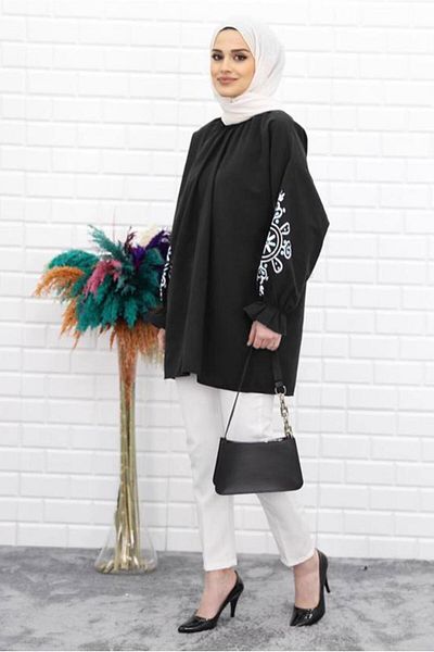TRENDTESETTÜR Women's Black Tunic with Print Detail - Elastic Cuff, 1518
