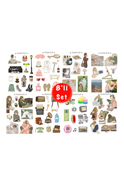 Handeto Kraft Mod ve vintage çoklu Sticker, 8li sticker, 8x12 cm, çıkartma, b...