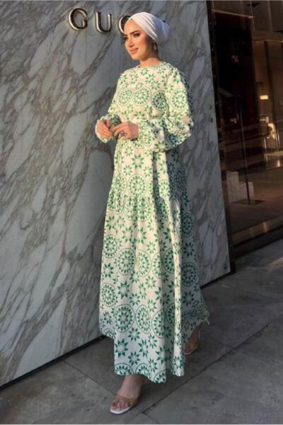 TRENDTESETTÜR Γυναικείο Λινό Φόρεμα με Πράσινη Λεπτομέρεια 0357