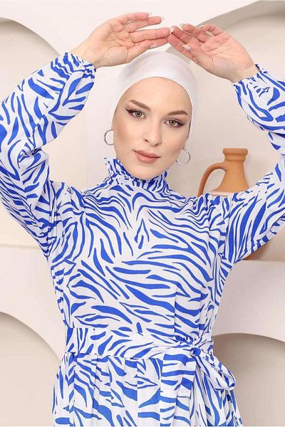 TRENDTESETTÜR Γυναικείο φόρεμα με μπλέ μπλέ ζέβρα με ζώνη από βαμβάκι - 45001