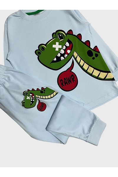 elmas kids Set de pijamale cu mânecă lungă pentru băiat, 100% bumbac, cu model de dinozaur albastru
