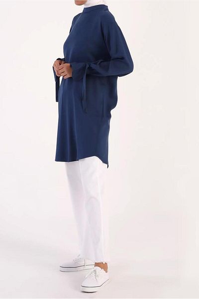 TRENDTESETTÜR Women's Navy Blue (NDIGO) Cuffs Tie Detailed Back Button Tunic 35005