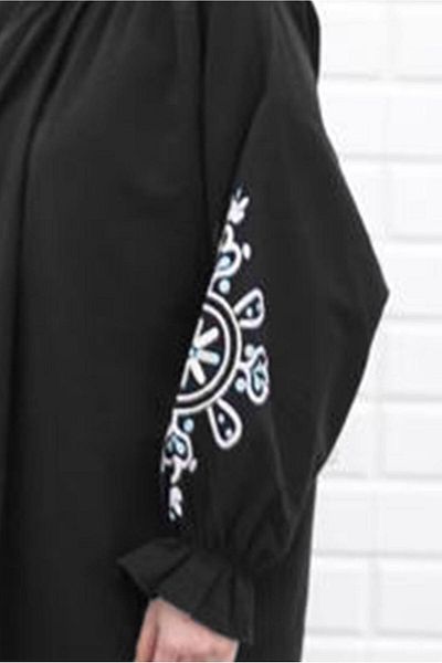 TRENDTESETTÜR Women's Black Tunic with Print Detail - Elastic Cuff, 1518