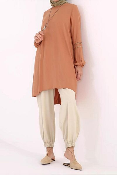 TRENDTESETTÜR Women's Brown (TILE) Cuffs Guipure Detailed Tunic 86005