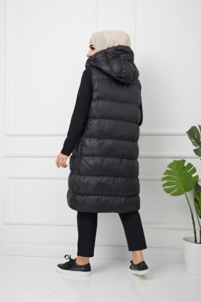 TRENDTESETTÜR Women's Black Pocket Hooded Puffer Vest T 00044