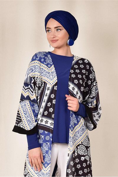 TRENDTESETTÜR Γυναικείο μπλέ Navy (SAKS) με μοτίβο φούντα κιμονό 4936