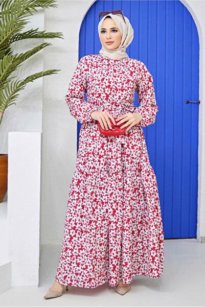 TRENDTESETTÜR Red Floral Print Women's Belted Dress - 52001
