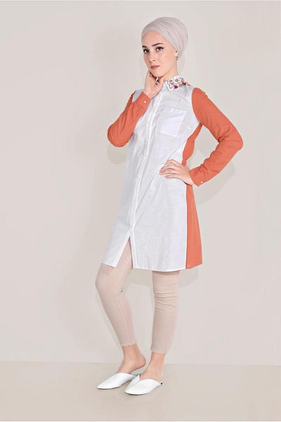 TRENDTESETTÜR Women's Orange (ORANGE) Cotton Embroidered Collar Tunic T 40596