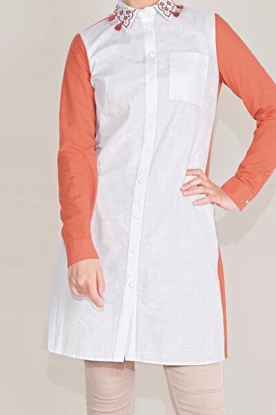 TRENDTESETTÜR Women's Orange (ORANGE) Cotton Embroidered Collar Tunic T 40596