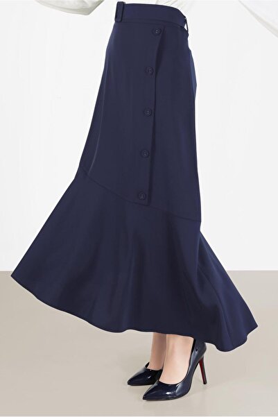 TRENDTESETTÜR Kadın Lacivert (K.LACİVERT) Asimetrik Kesim Volanlı Kemerli Etek 60002