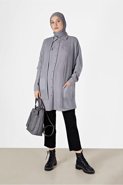 TRENDTESETTÜR Women's Gray Half Sleeve Pocket Detailed Cardigan 6627