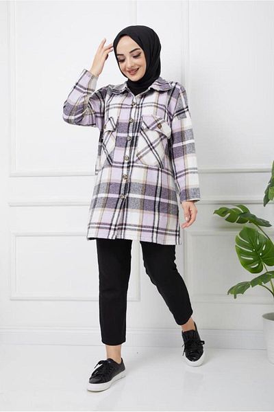 TRENDTESETTÜR Дамска лилава (LILA) туника с джобове и детайлен кариран мотив 3954
