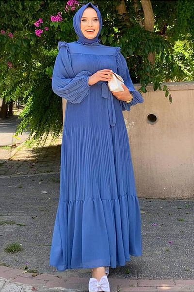 TRENDTESETTÜR Γυναικείο φόρεμα με πλισέ με μπλέ Navy Blue (INDIGO) με βολάν ώμου 8263