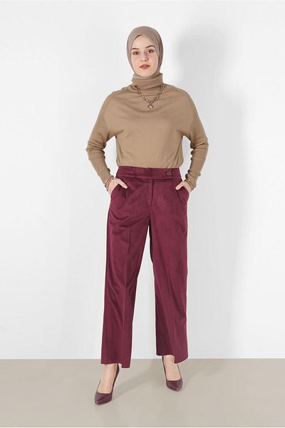TRENDTESETTÜR Women's Burgundy Corduroy Wide Leg Trousers 70033