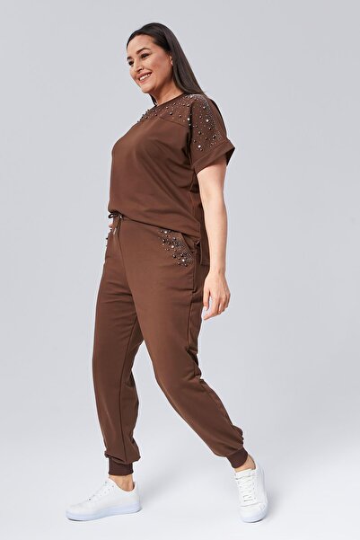 Ebsumu Γυναικείες φόρμες καφέ με κοντό μανίκι με λεπτομέρεια από πέτρα και χάντρες