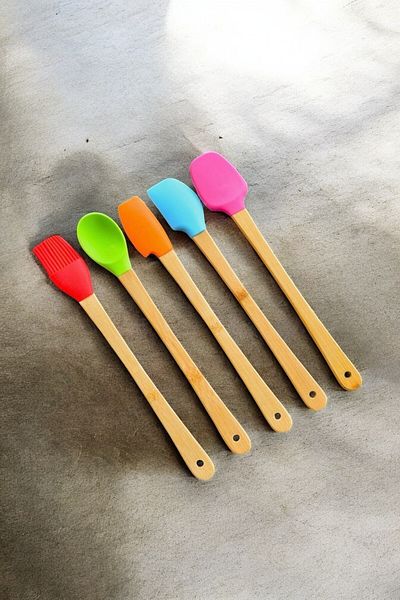 Mirilliahome Set of 5 Colorful Silicone Spatulas with Bamboo Handle
