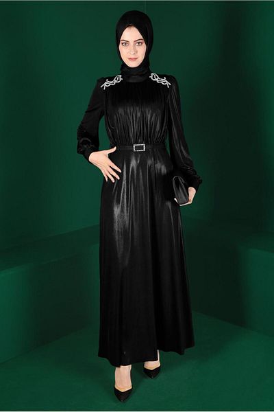 Alvina Shiny Belted Evening Dress - 50247