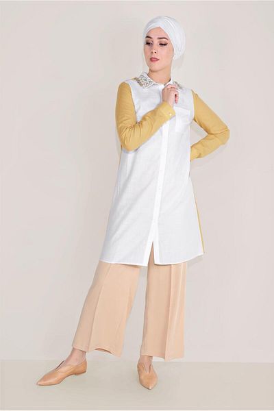 TRENDTESETTÜR Women's Yellow Cotton Embroidered Collar Tunic T 40596