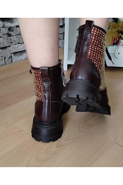 Zera yanları taş ışılı kahverengi hakiki deri kadın bot